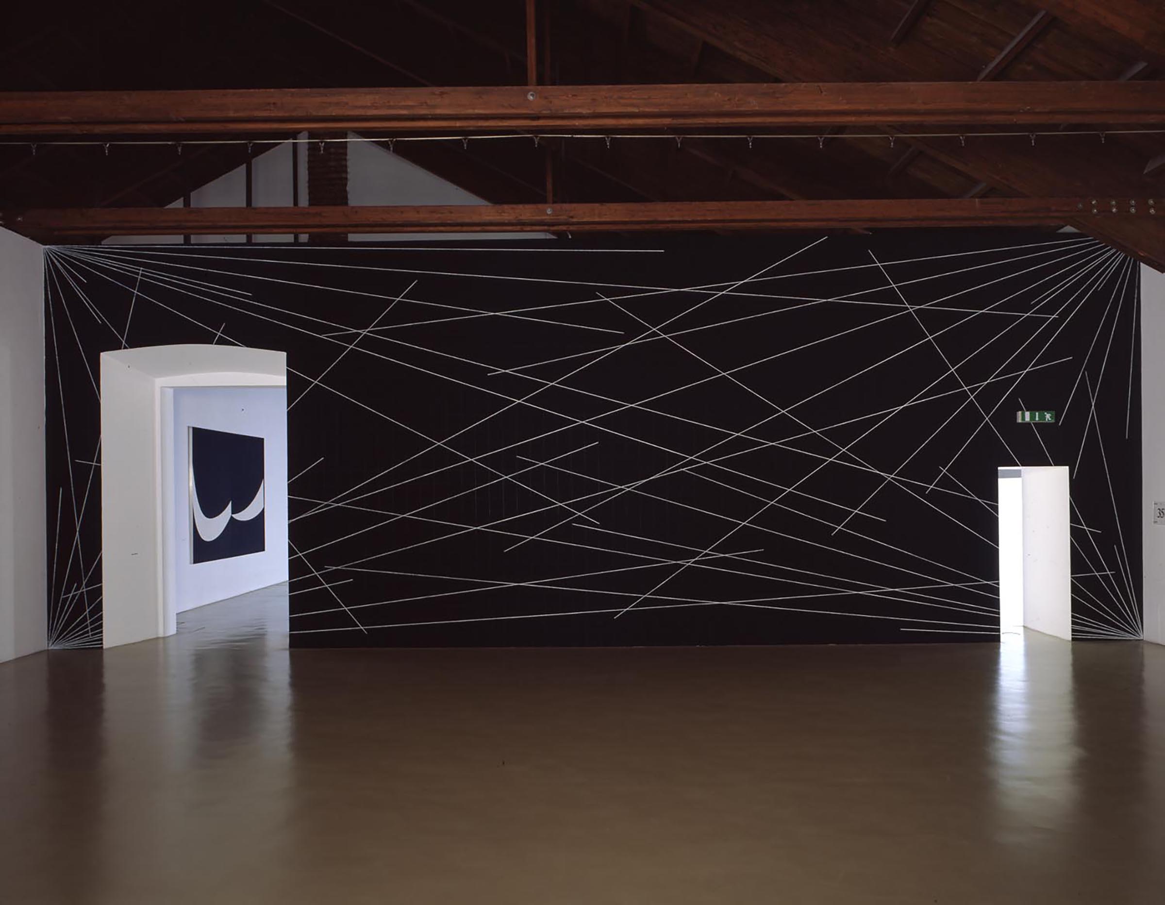 Sol LeWitt, A six inch (15 cm) grid covering each of the four black walls. White lines to points on the grids. 1st wall: 24 lines from the center; 2nd wall: 12 lines from the midpoint of each of the sides; 3rd wall: 12 lines from each corner; 4th wall: 24 lines from the center, 12 lines from the midpoint of each of the sides, 12 lines from each corner, 1976 and Ellsworth Kelly, Atlantic, 1956
